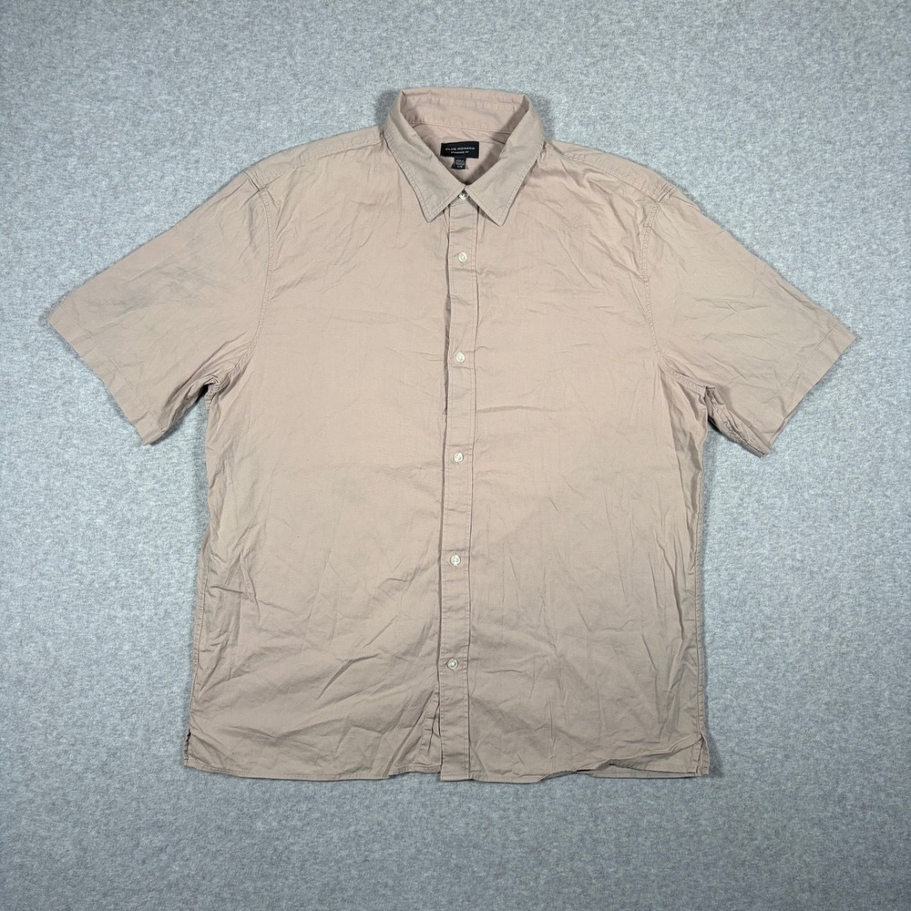 Club Monaco Button Up Shirt Men Large Tan Short Sleeve Standard Fit Cotton